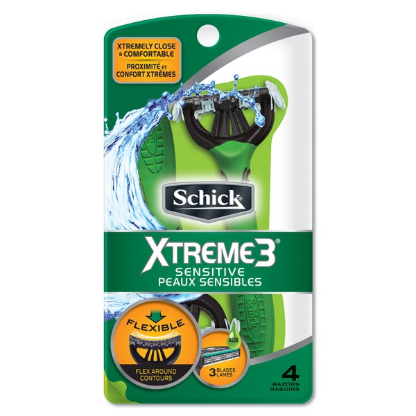 Schick Xtreme 3 Blade Sensitive Skin Disposable Razor for Men, Pack of 4
