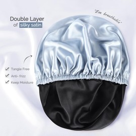 Hat Hut Satin Bonnet Silk Bonnet for Sleeping Hair Bonnet for Sleeping Cap for Curly Hair Wrap Reversible Satin Bonnet (Ash Blue/Black)