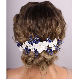 Xerling White Flower Royal Blue Rhinestone Hair Comb Bridal Wedding Floral Side Comb Women Hair Accessories Headpiece Head Jewelry for Brides Prom Gift (Royal Blue)