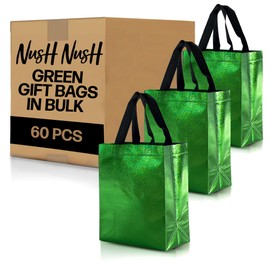 Nush Nush Set of 60 Shiny Green Gift Bags in Bulk, Reusable With Black Handles, Medium Size, Perfect As Goodie/Birthday Gift Bags, Party Favor Bags, 8Wx4Dx10H Size