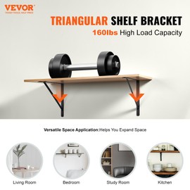 VEVOR Shelf Bracket, 12 x 8 in 10 Pcs, Heavy Duty Floating Shelf Brackets, Brackets for Shelves, 3mm Thick Matte Black Triangle Shelf Bracket, Steel Shelving Brackets with 160 lbs Load Capacity