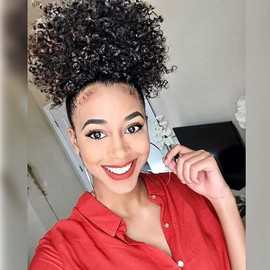 LEOSA High Puff Afro Ponytail Drawstring Short Afro Kinky Curly Pony Tail Clip in on Synthetic Curly Hair Bun Made of Kanekalon Fiber Puff Ponytail Wrap Updo Hair Extensions with Clips (Black)