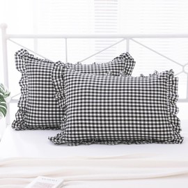 K MASANIJI 2 Pack Black and White Plaid Ruffle King Size Pillow Shams 20x36 inches, Washed Cotton Buffalo Gingham Checkered Farmhouse Pillow Covers for Bed/Sofa (20x36 inches, Black/White Plaid)