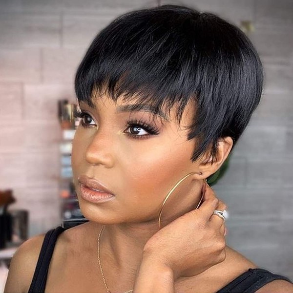 Becus Brazilian Human Hair Wigs Short Straight Side Part Black Pixie Cut with Fringe for Black Women Daily Use (#1B Natural Black)