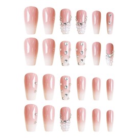 RUOKEXIN Long Press-on Coffin Nails - White, Pink Ombre, Glossy False Nails with Pearl Rhinestones Designs - 24 Pcs