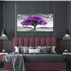 FUHAIHUA Large Canvas Wall Art For Living Room Wall Decor For Office Aesthetic Bedroom Wall Decorations Purple Tree Landscape Painting Black and White Pictures Artwork Room Modern Home Decor