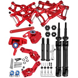 HopsupRC RC Stainless Steel Drive Shaft CVD Axles Upgrades Part for 1/10 Traxxas Rustler/Stampede VXL 2WD,Alloy Suspension A Arm,Aluminum Caster Block & Steering Blocks & Rear Stub Axle Carriers,Red