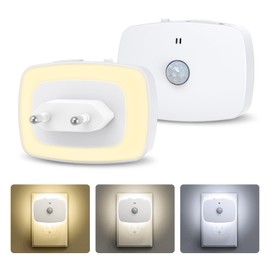 OQIMAX Night Light Socket with Motion Sensor and Twilight Sensor, Pack of 2 Motion Sensor Light with 3 Light Colours (3000 K - 6000 K), Brightness Adjustable, Eye Protection Design Night Light