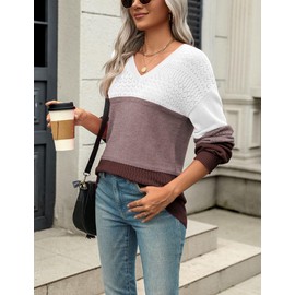 Zeagoo Women's Fall Tops 2025 V Neck Long Sleeve Shirts Blouse Knitted Casual Pullover Sweater Soft Tops Multicolored L