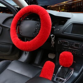 SPANICE 6pcs in 1 Set Fluffy Faux Wool Steering Wheel Cover & Soft Handbrake Cover & Gear Shift Cover & 2pcs Seat Belt Shoulder Pads & Center Console Cover Warm Universal Fit (Red01)