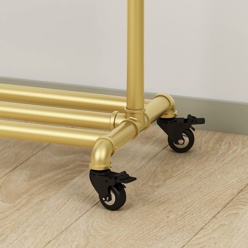 FONECHIN Industrial Gold Clothing Racks on Wheels, Boutique Display Gold