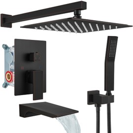 gotonovo Shower System with Tub Spout,Waterfall Tub Shower Faucet Set for Bathroom with 10 inch Rain Shower Head and Handheld Spray Wall Mounted Rough-in Valve and Trim Included Oil Rubbed Bronze