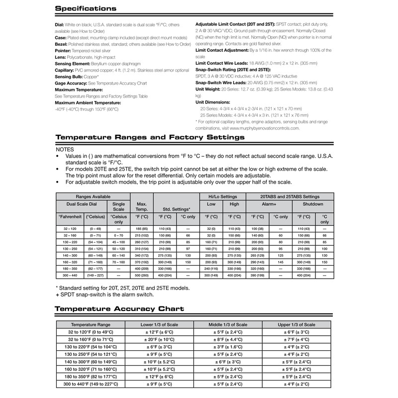 Murphy by Enovation Controls 20T-250-12-1/2 Temperature Swichgage (10702046)