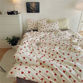 Nayoroom Heart Duvet Cover Twin Size Cute Red Love Heart Printed on White Bedding Set 2Pcs Kids Girls Kawaii Heart-Shaped Pattern Comforter Cover with Zipper Closure Soft Breathable Microfiber