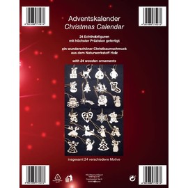 Advent Calendar with 24 Real Wood Figures, Tree Hangers, Christmas Tree Decorations