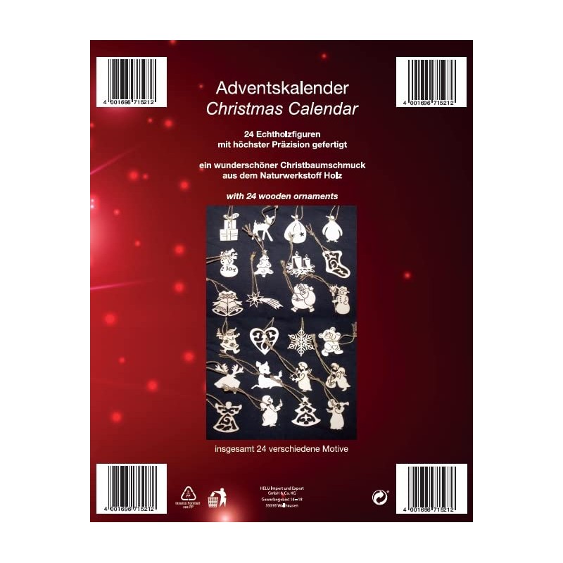 Advent Calendar with 24 Real Wood Figures, Tree Hangers, Christmas