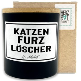 HERZBOTSCHAFT Duftkerze mit Spruch – Katzenfurzlöscher – originelles Geschenk, handgemachte Sojakerze im Glas, nachhaltig, optional mit personalisiertem Bambusdeckel