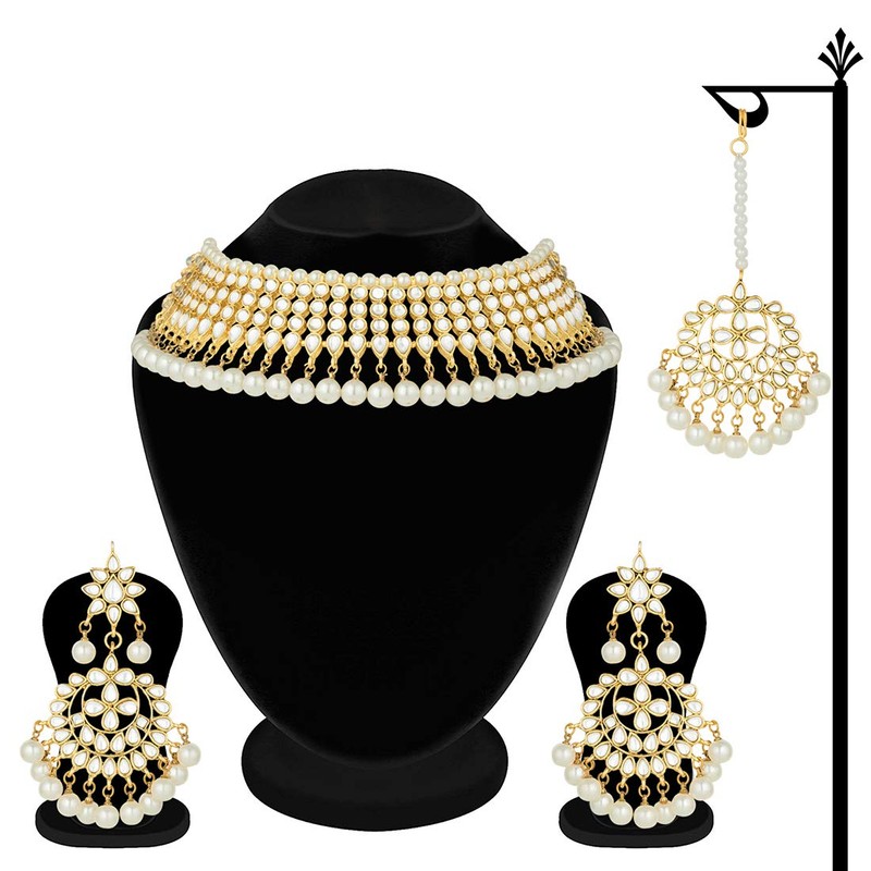 Aheli Ethnic Wedding Wear Faux Kundan Collar de cuentas (blanco)
