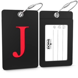 Shacke Luggage Tag Initial - Fully Bendable Tag w/Stainless Steel Loop - Black (Letter J)