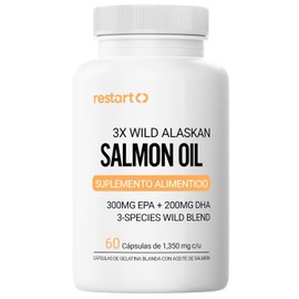 Salmon Oil 3X Wild Alaskan Restart | Aceite de Salmón Salvaje de Alaska de 3 Especies | 300mg EPA + 200mg DHA | Alta Concentración | Omega 3 Premium - 60 Cápsulas