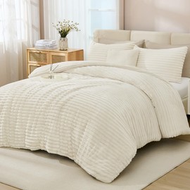 Andency Fleece Queen Comforter Set, 3 Pieces Beige Comforter Set for Queen Size Bed, Soft Warm Fluffy Fuzzy Cream Bedding Set for Winter (1 Comforter & 2 Pillowcases)