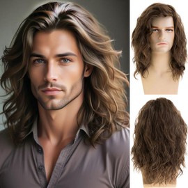RicHyun Short Brown Wavy Wigs for Men Synthetic Heat Resistant Cosplay Party Hair Wig