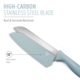 GreenLife 6 Piece Kitchen Knife Set, Rust-Resistant Nonstick Coating, High Carbon Stainless Steel Knives, Blade Guards, Razor Sharp, Ergonomic Handle, Chef, Santoku, Paring, Blue