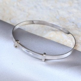 Little Gold Daisy New Born Child Bangle Bracelet Cuff 3 Real Diamonds Sterling Silver 925 Baptism