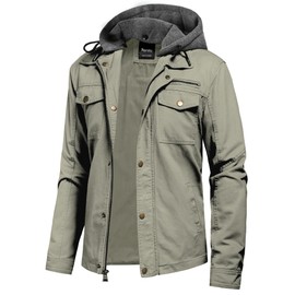 Pursky Men Jackets Fashion Military Jacket Lightweight Cotton Outerwear Casual Spring Lapel Work Coat Mens Jackets With Hood Light Olive 2XL
