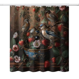 LITINGZHILONG William Morris Flower Shower Curtain, Strawberry Thief Bird Animal Vintage Brown Shower Curtain Bathroom Decor Waterproof Privacy Shower Curtain Polyester 12 Hooks 66x72In