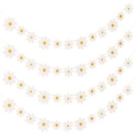 FUIPVGI 4 Pcs Daisy Party Banner Daisy Decoration Flowers Cute Daisy Party Decorations Spring Daisy Garland Flower Birthday Decoration Boho Garland for Birthday Nursery Party Home Window Decor (White)