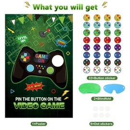 Eaezerav Pin The Button on The Video Game Party Game - 32 Button Stickers, Large Poster - Birthday Party Decoration for Kids