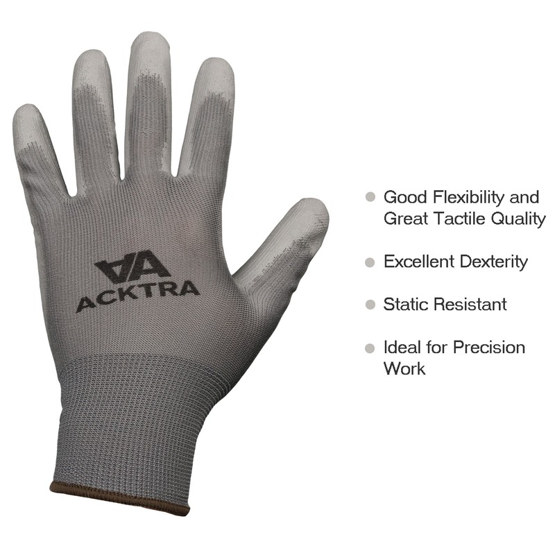 ACKTRA Ultra-Thin PU Safety WORK GLOVES 12 Pairs, WG002 Black/Grey,