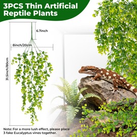 RAINFLOW 3PCS Fake Reptile Plants - Lifelike Artificial Eucalyptus Plant with 69 Green Leaves, Fake Hanging Plants for Bearded Dragon Lizard Snake Hermit Crab Habitat Decorations