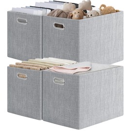 Posprica 15x12x12 Storage Cube Bins, Linen Decorative Closet Storage Organizer for IKEA Kallax, 4 Pack Fabric Foldable Large Storage Baskets for Closet, Shelves, Clothes, Toy(Grey)