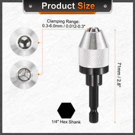 HARFINGTON Keyless Drill Chuck 1/4" Hex Shank Chuck Conversion Adapter 0.012"-0.24" Quick Change for Round-Shank Cordless Screwdrivers Drills Power DIY Tools, Silver