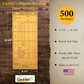 500 Cashier's Deposit Report Envelope, 4 1/2" x 10 3/8", Sturdy 24lb. Paper, Peel & Seal Closure, Cash Envelopes For Hotels, Restaurants, Gas Stations & Retailers, 500/Box (Brown Kraft (500 Count))