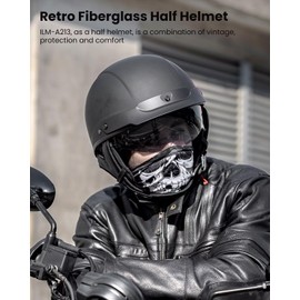 ILM Fiberglass Half Helmet Motorcycle Open Face with Visor for Motorbike Cruiser Moped Scooter DOT Model A213(Matte Black, Large)