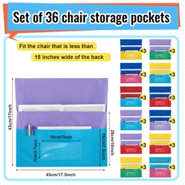 Chapou 36 Pieces Chair Pockets Seat Storage Classroom 12 Colors Chair Organizer with Name Tag Slot for School, Classroom, Home, Group Team Organizers, 18 x 16.5 Inch