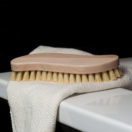 4 x Hofmeister® Wooden Scrubbing Brush, 21 cm, for Heavy Dirts, Sturdy Fibre Natural Bristle, Tolerates Heat & Cleaning Agents, Washing Brush for Household, Car & Boat, S Shape