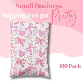 Pretty Package Store 6x9 Designer Poly Mailer 100 Pack Heavy Duty Waterproof Self Seal Shipping Bags for Small Business Large Mailing Envelopes Bulk Tear Resistant Packaging Coquette Bows Hearts