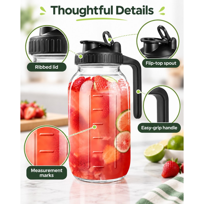 64 oz Glass Pitcher with Airtight Lid – Wide Mouth