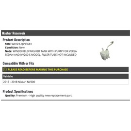 Windshield Washer Reservoir with Pump - Compatible with 2013-2018 Nissan NV200 (Filler Tube Not Included)