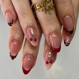Medium Press on Nails Almond Fake Nails with 5D Cherry Charm Design Glossy Dark Red French Tip Nails Press Ons Brown Leopard Glue on Nails Reusable Full Cover Pink Stick on Nails for Women 24Pcs