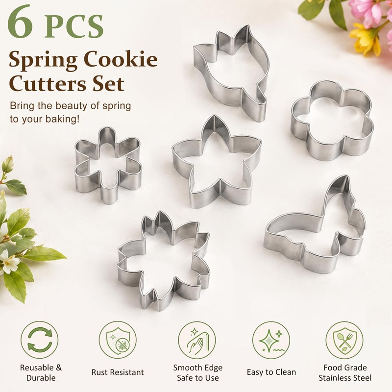 6PCS 3-Inch Flower & Butterfly Cookie Cutters, Stainless Steel