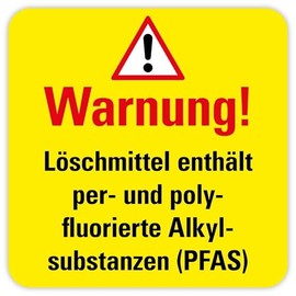 Etikett „Warnung! Löschmittel enthält per- und polyfluorierte Alkylsubstanzen (PFAS)“ für Feuerlöscher, Sticker/Folie | Gelb/Rot/Schwarz | Größe wählbar, Größe: 5 x 5 cm