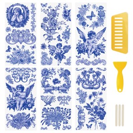 WANDIC 6 Pcs Blue Rub On Transfer Sticker,Angel Transfer Stickers Vintage Flower Decals for Present Packaging DIY Scrapbooking Photo Albums Furniture,15 * 30cm