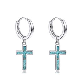 925 Sterling Silver Cross Dangle Hoop Earrings Hypoallergenic Turquoise Jewellery Gifts for Women Teens Girls 13mm