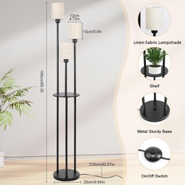 Oyxon Floor Lamp for Living Room with Shelves, 65in 3 Lights Vintage Industrial Tall Floor Lamp with Linen Lampshade and Foot Switch, Black Standing Lamp Modern for Bedroom Office