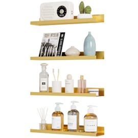 STARLATTA 4 Pack Metal Floating Shelves for Wall Storage, Gold Hanging Shelves for Living Room/Kitchen/Bedroom/Bathroom Decor, Set of 4 Organizer for Display, Book & Perfume Shelf Wall Mounted